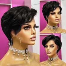 T-Part Lace Front Wig, Pixie Short Hair, Human Hair Wig, Suitable For Women, Size: 13x4x1 Inches T-Part Lace Front Wig, Wine Red Color, Glueless, Suitable For Daily Wear, Gift, Instant Wear Short Human Hair Wig, 99J Color Side Bangs Short Wig - Black - View 4