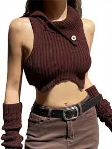 Women's Summer Knitted Tank Tops Brown Sleeveless High Neck Irregular Ribbed Crop Tops