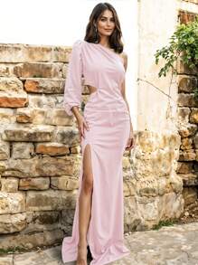 Women's Elegant Asymmetrical Neckline Balloon Sleeve Thigh Slit Cocktail Dress - 淺粉色 - 查看 3