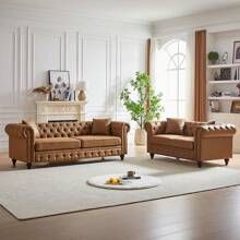 YOGLAD Button Tufted 3 Seats / 2 Seats Combo Sofa Couch With Nailhead Trim&Roll Armrest, Modern Living Room Sofa Set With Solid Wood Frame, Upholstered Mid Century Modern Couch With Wooden Legs, Chesterfield Sofa With 4 Cushions For Living Room, Apartment & Office Furniture - 棕色 - 查看 3