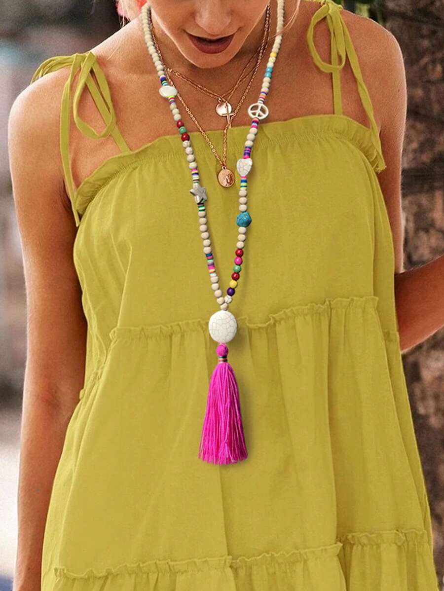 Dây chuyền dài tua rua nhiều màu sắc theo phong cách Boho với hạt gỗ thủ công, mặt dây chuyền hình trái tim và hòa bình, vòng tròn và chữ thập và ngôi sao màu ngọc lam, trang sức mùa xuân/hè cho tiệc lễ - Nhiều màu - Xem 1