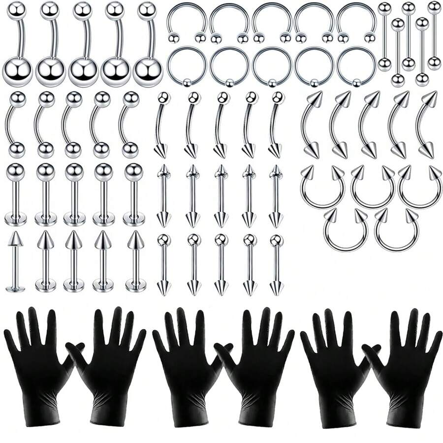 Body Septum Piercing Kit For Nose Tongue Lip Ear Eyebrow Belly Button Cartilage Tragus Industrial Barbell Helix Daith Piercing Jewelry - Silver - View 1