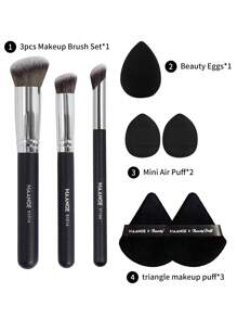 MAANGE 8pcs Makeup Tool Kit 3pcs Basic Makeup Brushes Set Foundation Concealer Details Brushes Soft Dense Fiber 2pcs Triangle Velvet Powder Puff 1pc Beauty Cosmetics Blending Sponge Egg 2pcs Mini Air Cushion Puff For Travel, Party Reapply Makeup - 黑色 - 查看 2
