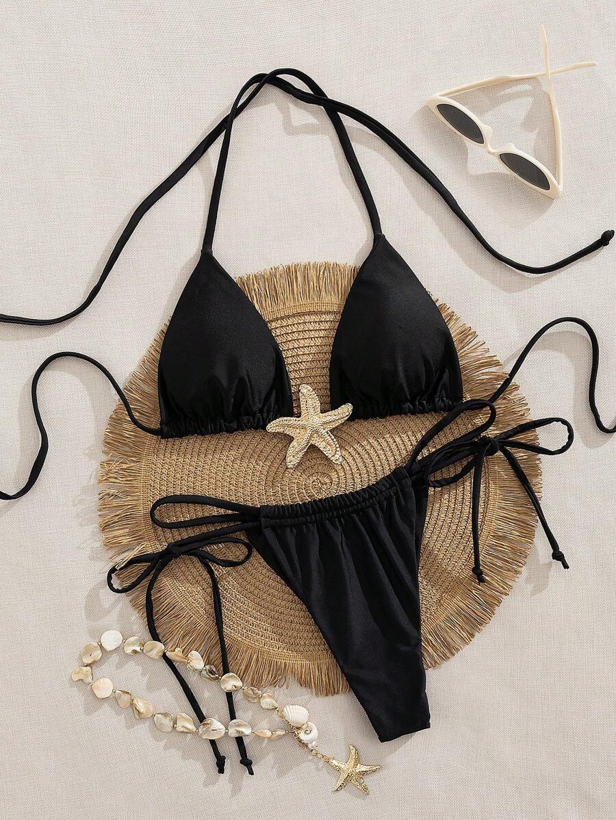 Summer Solid Color Sexy Bikini, Metal Decor 2 Pieces Swimwear, Holiday Swimwear - Black - View 1