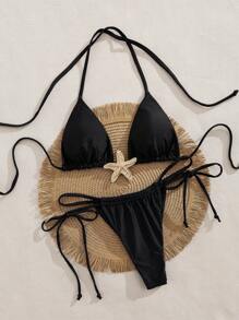 Summer Solid Color Sexy Bikini, Metal Decor 2 Pieces Swimwear, Holiday Swimwear - Black - View 5