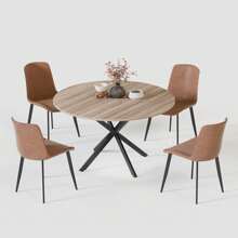 Mesa redonda para cocina y comedor, pieza de madera de diseño retro industrial, patas de metal negro, acabado nogal natural (silla no incluida)