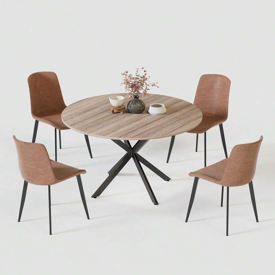 Round Table For Kitchen And Dining Room, Wooden Piece In Retro Industrial Design, Black Metal Legs, Natural Walnut Finish (Chair Not Included) - Black Table Legs - View 1