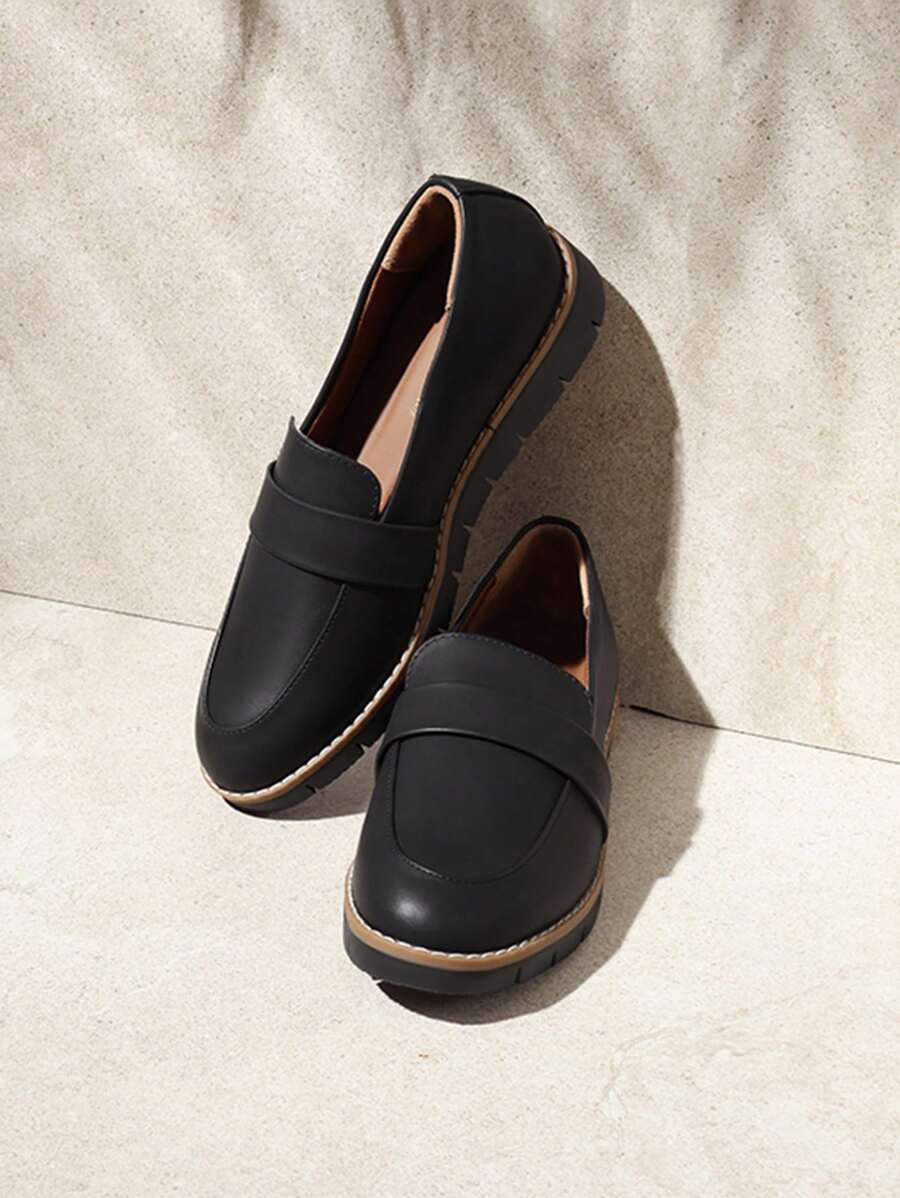 Women Loafers Arch Support Slip-On Round Toe Wedge Heel Loafers Classic Style Comfortable Business Casual Work Daily Shoes - 黑色/PU - 查看 1