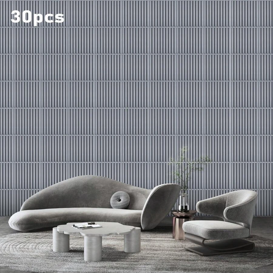 Aadesh 3D PVC Plastic Wall Panels, Suitable For Interior Wall Decoration, Waterproof And Heat-Resistant, With Grooved Texture. Ideal For Living Rooms, Halls, Bedrooms, Hotels, Offices, Game Rooms, And TV Accent Walls. 30cm * 30cm (Includes Installation Accessories). - 灰色小橫條30片 - 查看 1