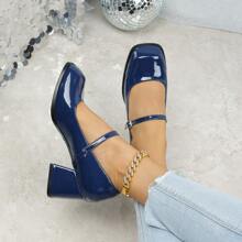 复古法式玛丽珍鞋，女士新款春季高跟小皮鞋，方头粗跟高跟鞋