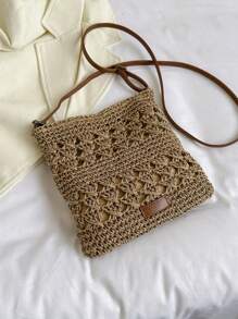 Mini Handmade Crochet Solid Color Crossbody Bag, Small Size Woven Adjustable Strap Messenger Bag, Fashion Hollow Floral Design Cell Phone Pouch Purse, Perfectly Matching With Crochet Set