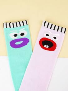 1 Pair Fun Cartoon Pattern Socks With Elastic Cuff, Made Of Polyester And Spandex, Knee-High Length, Knitted Fabric, Suitable For Boys And Girls, Funny Design, Hand Wash, Suitable For Year-Round Wear, Perfect For Home, School, Party, Outdoor, And Holiday Gift