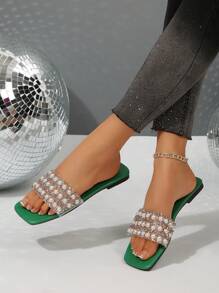 New Plus Size Women Square Toe Pearl Leather Flat Slippers Sandals, Casual Fashion Outdoor Beach Wear Summer Shoes