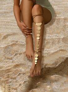 1pc Fashion Metal Geometric Circle Textured Chain Link With Brown Velvet Adjustable Leg Chain, Versatile For Daily Wear, Beach, Holidays & Parties - Golden - View 1