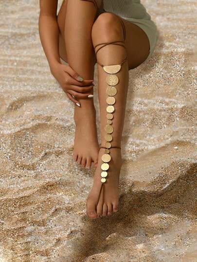 1pc Fashion Metal Geometric Circle Textured Chain Link With Brown Velvet Adjustable Leg Chain, Versatile For Daily Wear, Beach, Holidays & Parties