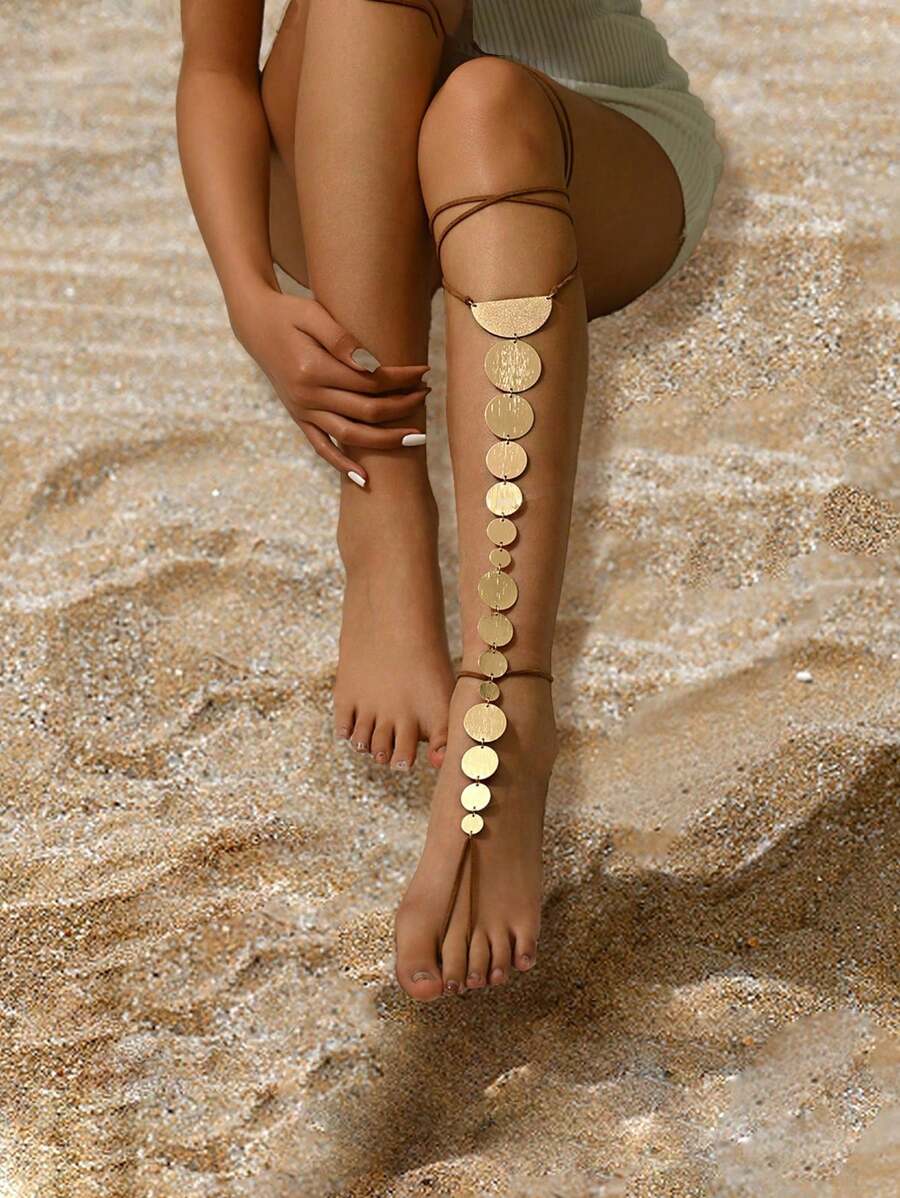 1pc Fashion Metal Geometric Circle Textured Chain Link With Brown Velvet Adjustable Leg Chain, Versatile For Daily Wear, Beach, Holidays & Parties - Golden - View 1