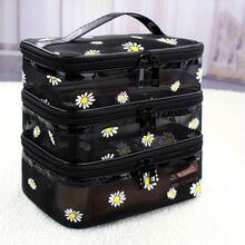 Borsa da trucco alla moda e semplice in rete, grande capacità, multistrato, multifunzionale, borsa portaoggetti nera, portatile, adatta per uso domestico e in viaggio