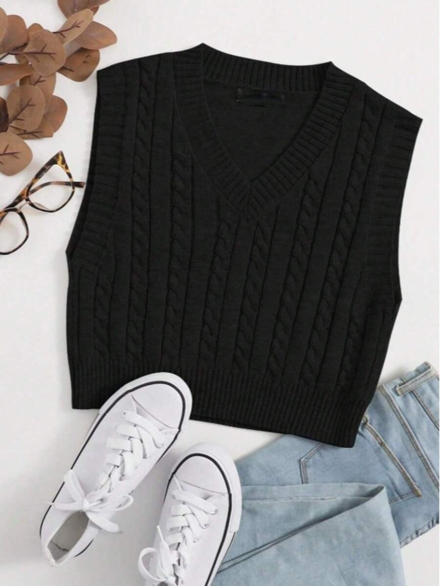 V-Neck Braided Knit Sweater Vest - màu đen - Xem 1