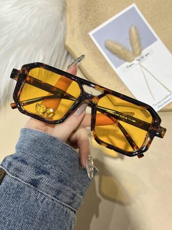 1pc Women's Retro Double Bridge Square Frame Fashion Glasses, Travel & Beach Accessory Color Blocking Boho Vacay Vibes For Summer Beach Vacation,Outdoor,Travel Shades Leopard Tortoise Shell Bohemia Style Oversized Aviator Frame For Vocay,Beach,Travel