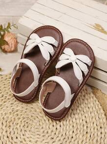 1 Pair Girls Striped PU Hook And Loop Strap Design Flat Cute Sandals, Suitable For Summer