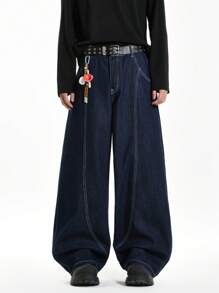 1pc Unisex Loose Fit Distressed Jeans With American-Style Sickle Patchwork, Casual Wide Leg Pants