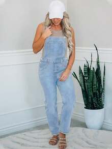 Elegante pantalón de peto vaquero lavado de moda para mujer - Lavado ligero - Ver 2
