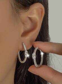 Vaerine Cubic Zirconia Decor Silver Hoop Earrings - Silver - View 2