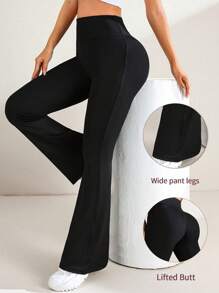 Pantaloni evazați de culoare uni pentru femei cu talie înaltă Pantaloni de yoga sport Leggings de compresie Pantaloni fitness pentru alergare, îmbrăcăminte pentru femei, jambiere pentru femei, pantaloni de vară pentru femei - Negru - Vizualizare 3