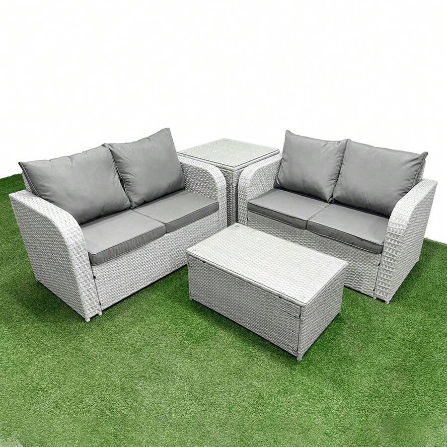 Fimous 4 Seater Outdoor Love Sofa Set Rattan Garden Furniture Set With Rectangular Coffee Table Side Table Light Grey - Light Grey - View 1