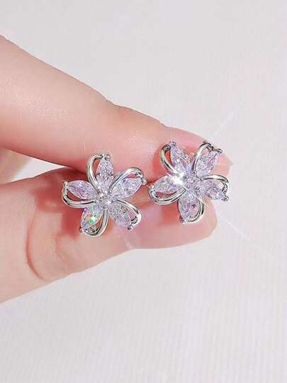 Small Flower Gold Plated Stud Earrings 2pcs Women CZ Crystal Stud Earrings Daily Wear Piercing Earrings Bridal Wedding Jewelry For Girl Wife Girlfriend Lover