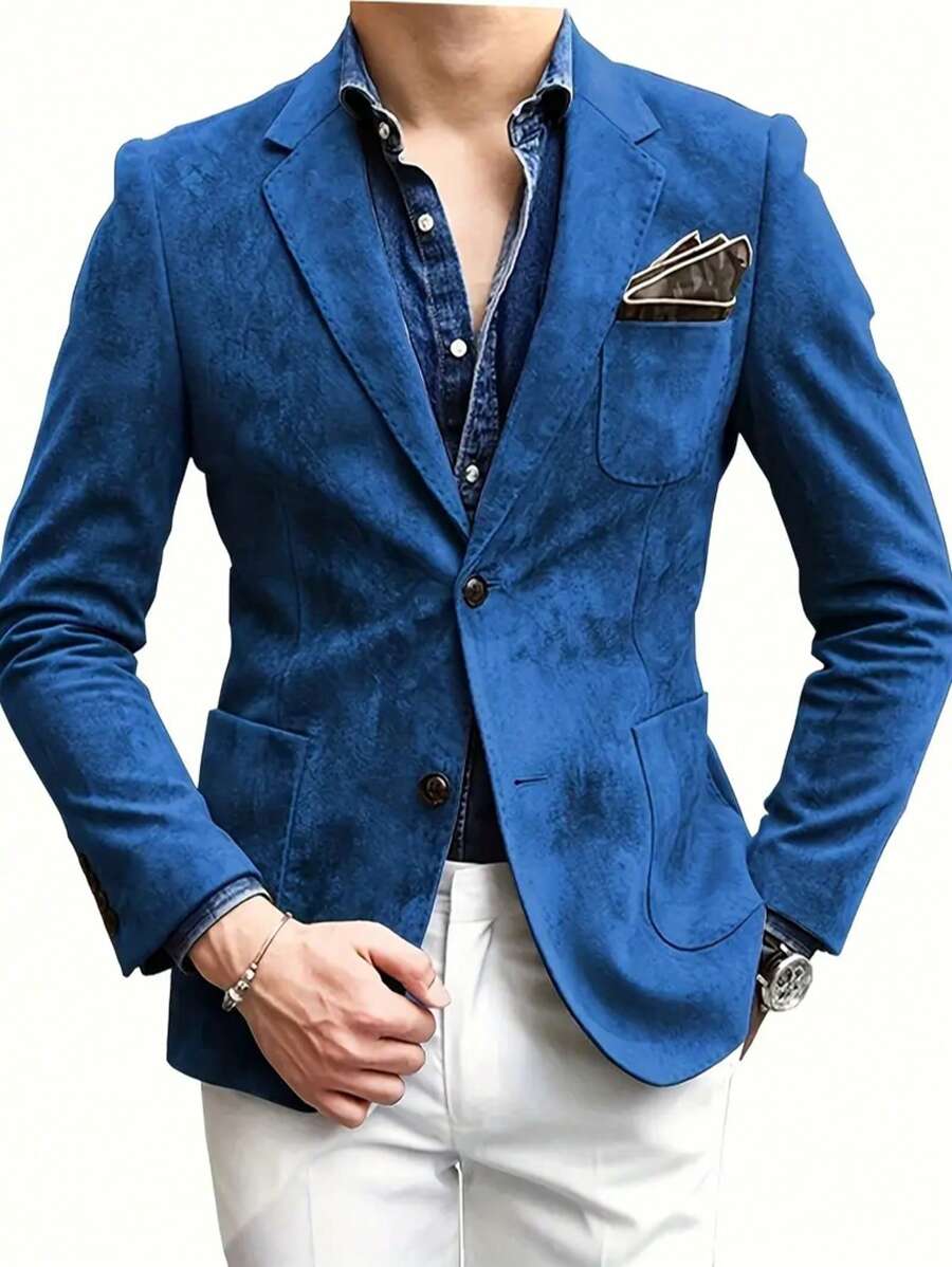 Mens Blazer Suede Jacket Casual 2 Buttons Sport Coat Faux Leather Suit Slim Fit Jacket With Lapel Collar Long Sleeves, Stylish For Business Or Leisure Occasions - 寶藍色 - 查看 1