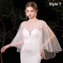 时尚蕾丝新娘婚纱披肩柔软派对夹克披肩仿珍珠斗篷连衣裙装饰透明宝石领女士连衣裙秋季女士服装 - 白色 - 查看 18