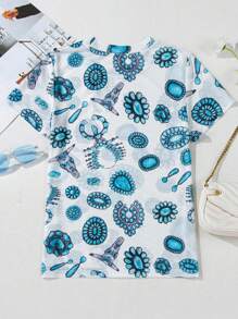 Fiyote Summer Sky Blue & Green Turquoise Retro Print Slim Fit Round Neck T-Shirt - Blue - View 5