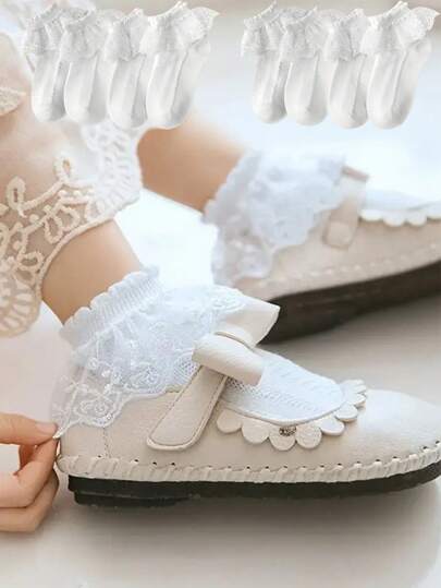 4 双纯色蕾丝公主派对袜子，时尚百搭白色蕾丝边女童袜子，儿童透气短袜