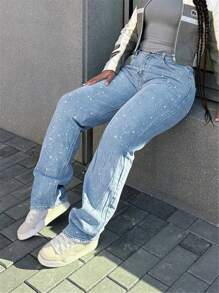 Women's Loose Fit Straight Leg Denim Pants - Pearl Studded, Classic Zipper & Button, No Stretch(The Size Is Slightly Small; It Is Recommended To Order One Size Up.) - 中等水洗藍 - 查看 3