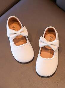 1 Pair 2025 New Girls Princess Shoes, Non-Slip Soft Sole, Pink, Bow Decor, Children Flat Shoes, Spring/Autumn - Beige - View 3
