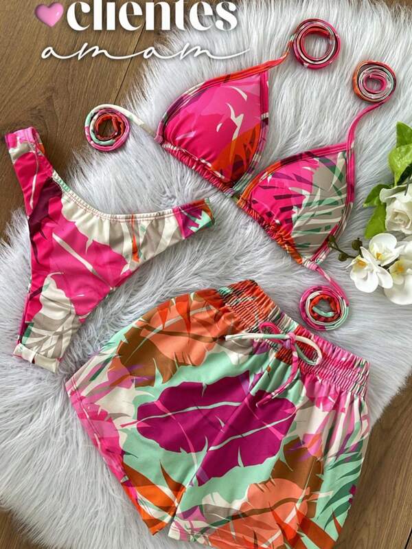 CONJUNTO TRIKINI 3 PCS MODELO  CORTININHA COM BOJO