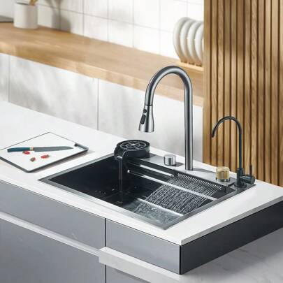 Fregadero De Cocina De Una Tarja Tazón Cuadrados Gris De Acero Inoxidable De Fregadero De Cocinacon Arandela De Copa/Grifo Extraíble En Cascada , Fregadero de lluvia Volador, Bar, Comedor, Exterior (60 * 45cm)