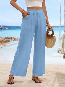 Drawstring Waist Plain Slant Pockets Minimalist Casual Straight-Leg Pants - Dusty Blue - View 5