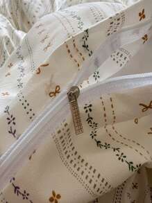 4 件套花卉蝴蝶结床上用品套装（1 * 羽绒被套 + 1 * 床单 + 2 * 枕套），花卉条纹图案，奶油色和米色法国乡村条纹，纯色床单，印花工艺，用途广泛，触感柔软，可机洗，羽绒被套和枕套不带内芯，返校季 - 米色 - 查看 8