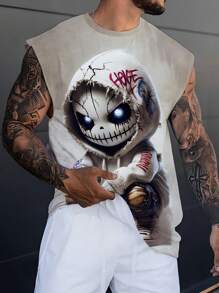 男士休闲骷髅和字母印花圆领无袖背心，涤纶面料，适合户外和街头穿着，夏季 - 彩色 - 查看 6