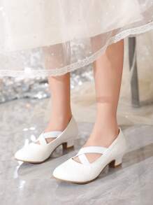 1 双女孩时尚纹理钻石格纹图案正装鞋，配有交叉松紧带，适合派对、宴会和日常穿着 - 白色 - 查看 3
