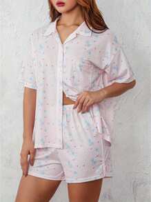 Women 2 Piece Pajamas Set Short Sleeve Floral Print Button Shirt Tops Shorts - 粉色 - 查看 7
