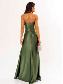 LONG WEDDING PARTY DRESS FOR BRIDESMAID FASHIONISTA STRAPLES WITH SLIT - Olive Green - View 2