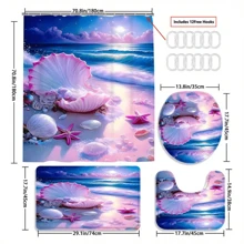 4pcs Sea Shell And Pearl Shower Curtain Gift Modern Home Bathroom Decoration Curtain And Toilet Floor Mat 3-Piece Set With 12 Shower Curtain Hooks Bathroom Accessories Back To School Fall Decor