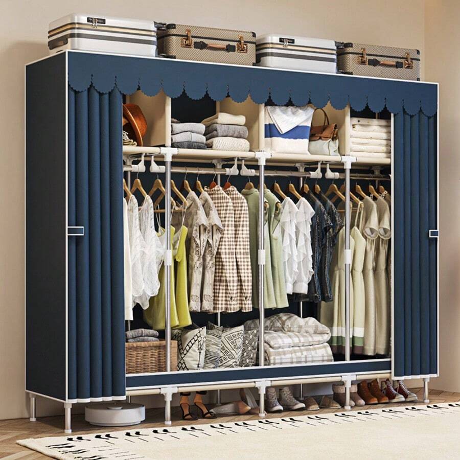 1 pieza Armario azul eléctrico con 3 compartimientos apilables y 3 áreas para colgar prendas cortas y largas