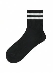 10 双黑白条纹中筒袜，适合女士，休闲百搭 - 黑與白 - 查看 3