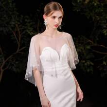 时尚蕾丝新娘婚纱披肩柔软派对夹克披肩仿珍珠斗篷连衣裙装饰透明宝石领女士连衣裙秋季女士服装 - 白色 - 查看 7