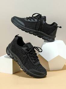 青少年黑色轻便透气休闲运动鞋，网眼柔韧防滑运动鞋，时尚健身休闲运动鞋 - 黑色 - 查看 2