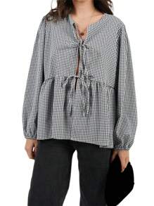 Womens Tie Front Tops Long Sleeve Round Neck Hollow Out Loose Babydoll Shirts Spring Fall Blouses - Black - View 1